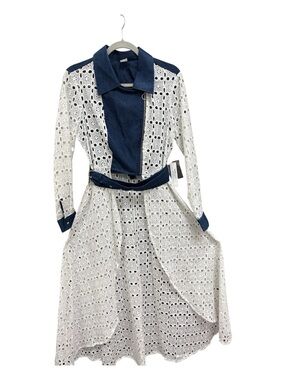 VENUS White Eyelet Midi Dress with Navy Accents